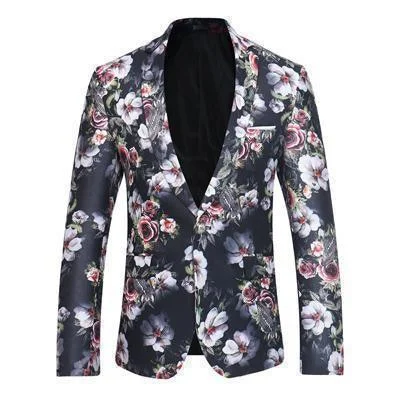 Men's Blazer Floral One Button Blazer Black