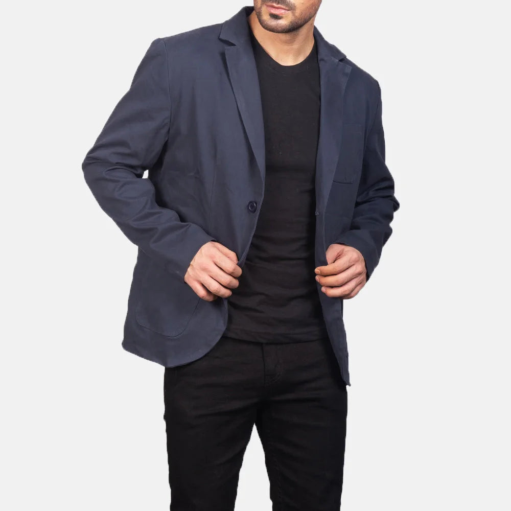 Men's Navy Blue Leather Blazer in Polyester Lining