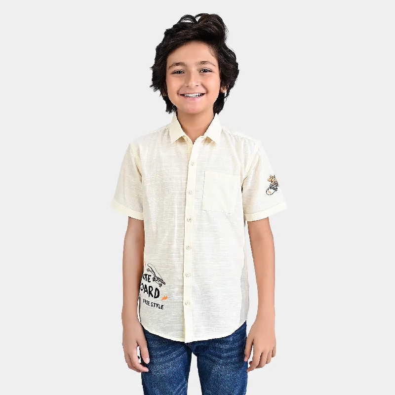 Boys Cotton Slub Casual Shirt H/S (Skate Board)-OFF-White