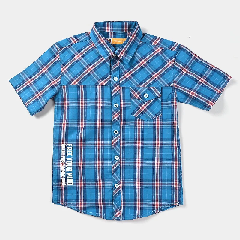 Boys Yarn Dyed Casual Shirt H/S (Enjoy Life)-Blue