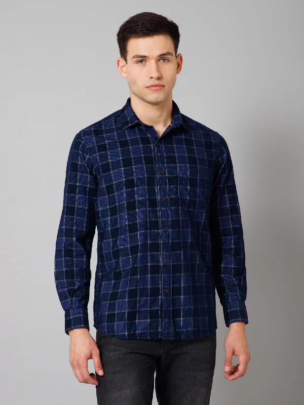 Men's Navy Blue Casual Corduroy Big Checks Full Sleeve Shirt