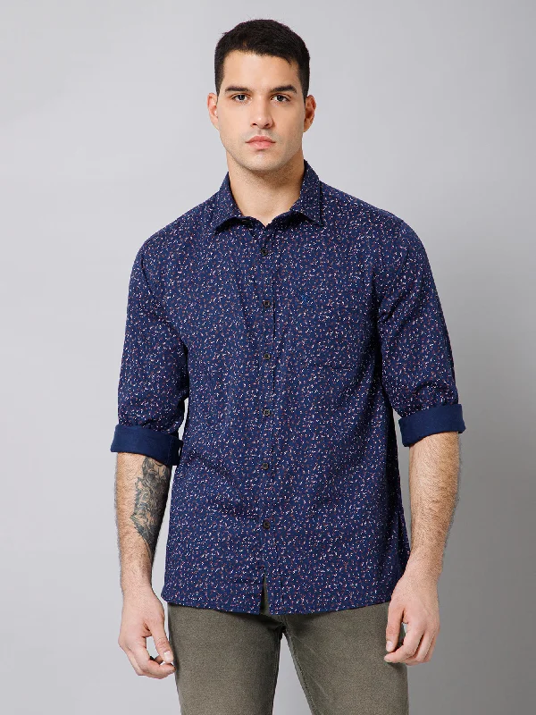 Men's Navy Blue Casual Floral Print Full Sleeve Shirt