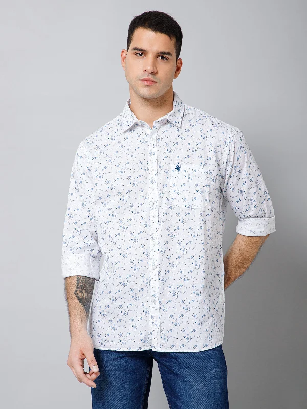 Men's White  Casual Floral Print Full Sleeve Shirt