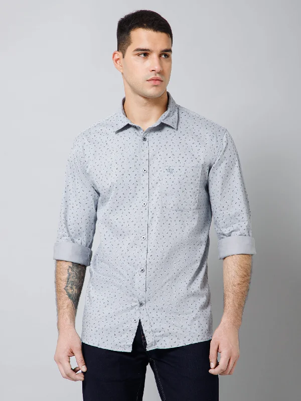 Men's Light Grey Casual Ditsy Print Full Sleeve Shirt