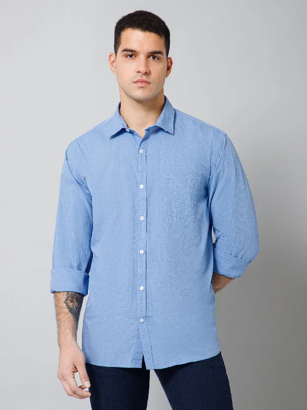 Men's Sky Blue Casual Fil a Fil Plain Full Sleeve Shirt