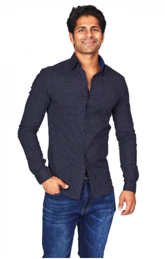 Navy Polka Dot Athletic Fit Casual Shirt