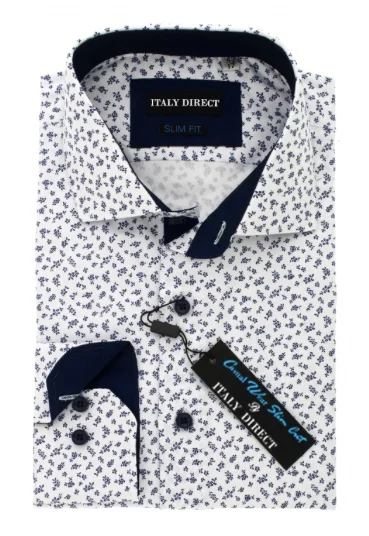 White & Navy Pattern Slim Fit Casual Shirt