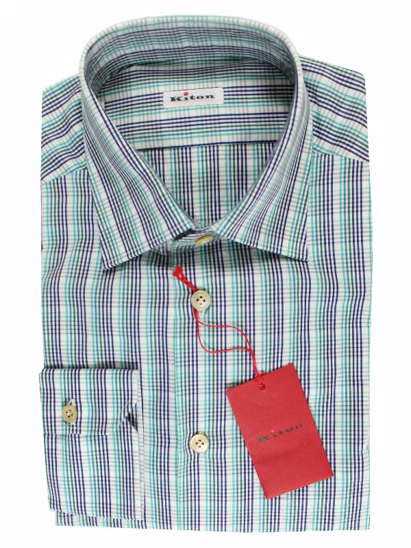 Kiton Shirt White Turquoise Navy Check - Long Sleeve 40 - 15 3/4 BLACK FRIDAY SALE