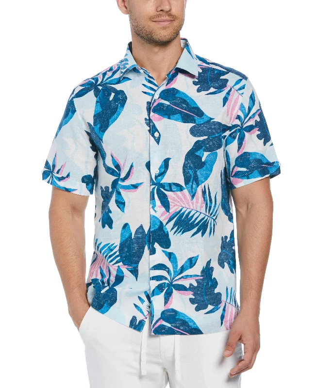 Linen Blend Reverse Tropical Print Shirt