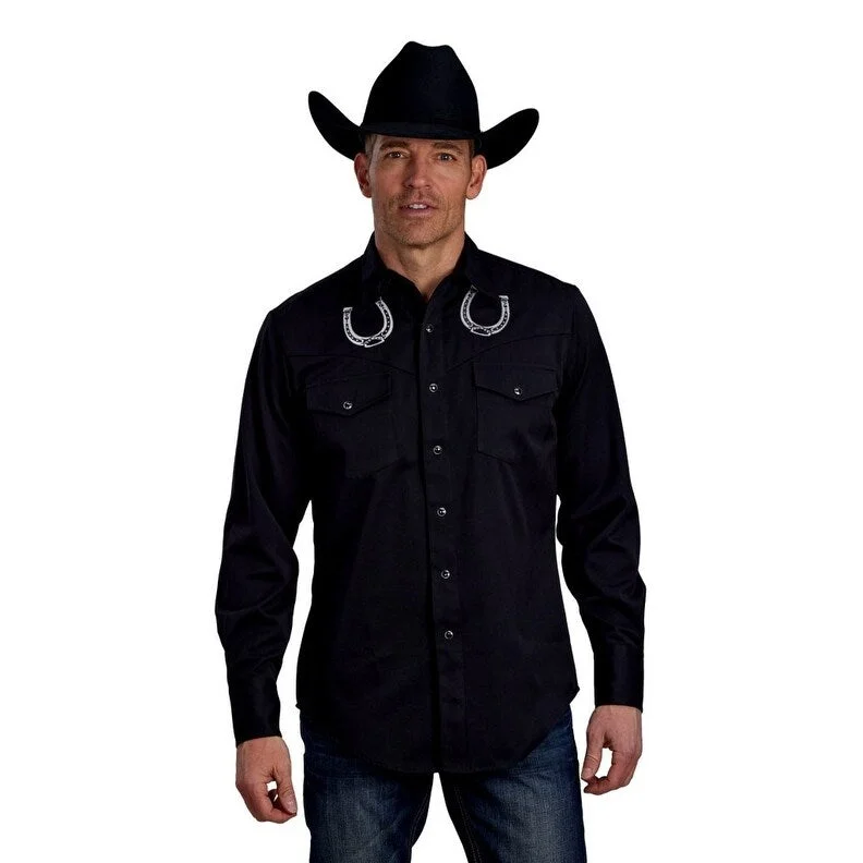 Roper Western Shirt Mens L/S Solid Horseshoe Black 03-001-0040-0707 BL