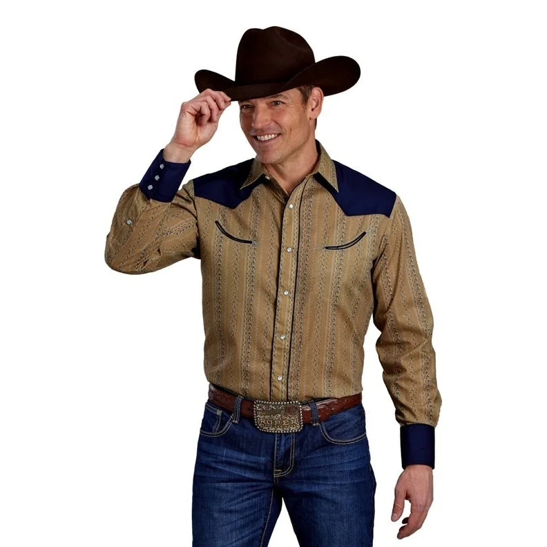 Roper Western Shirt Mens L/S Wallpaper Snap Tan 01-001-0087-0677 TA