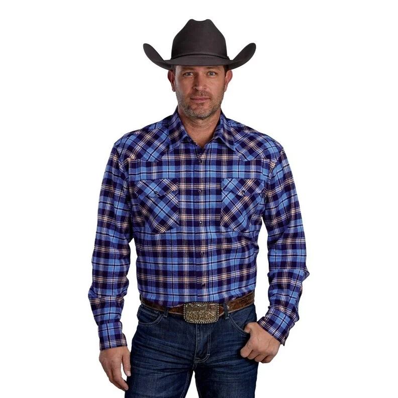 Roper Western Shirt Mens Tall L/S Flannel Blue 03-001-0722-1701 BU