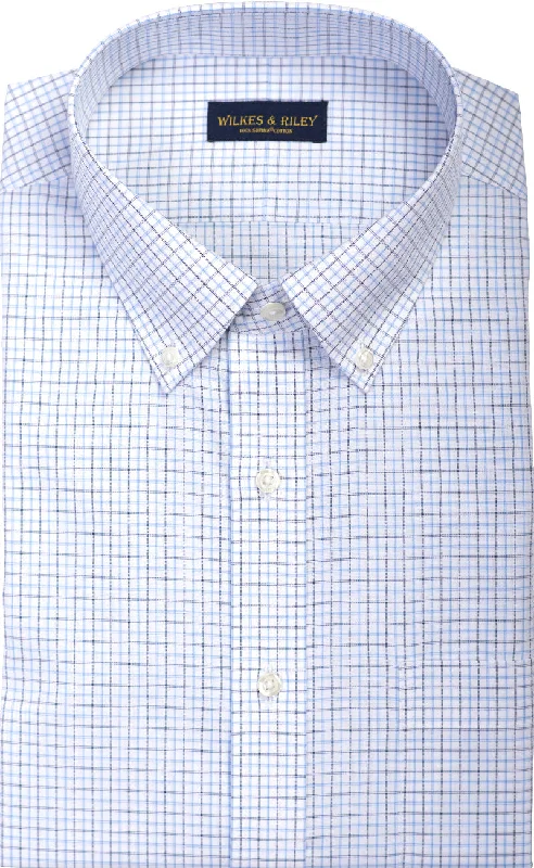 Tailored Fit Sky / Navy Poplin Check Button Down Collar Supima® Cotton Non-Iron Dress Shirt