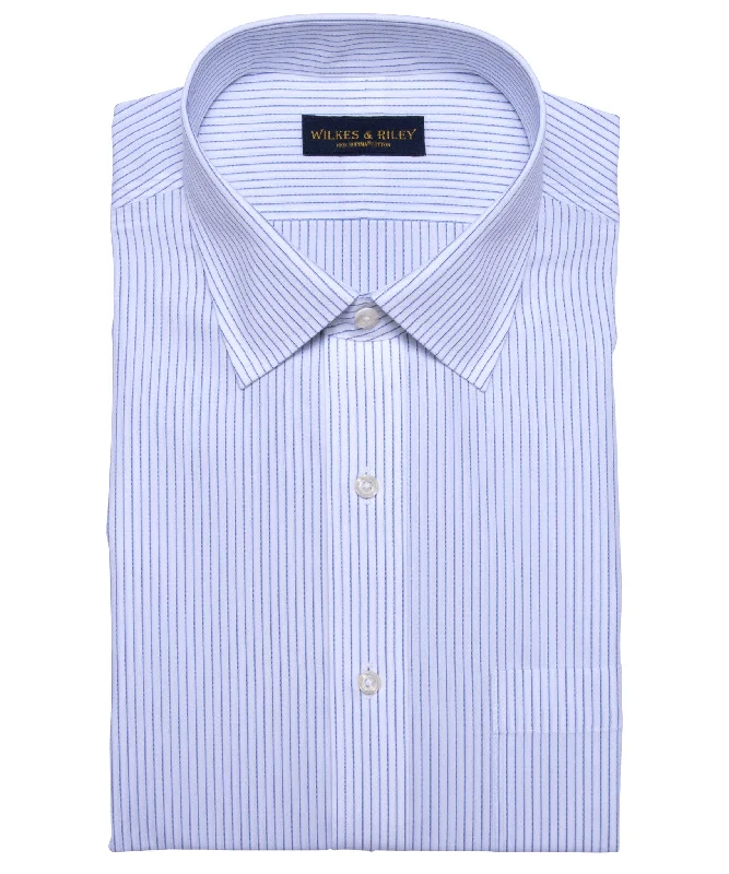 Tailored Fit White Ground Blue Stripe Spread Collar  Supima® Cotton Non-Iron Broadcloth