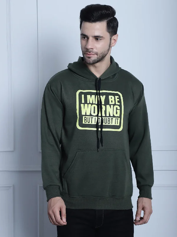 Vimal Jonney Olive Printed Hooded Cotton Fleece Sweatshirt for Men