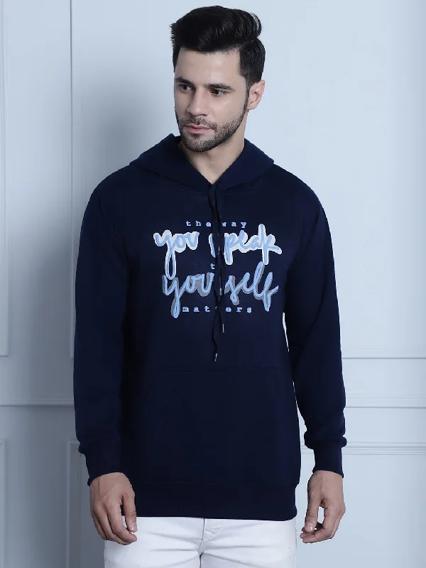 Vimal Jonney Navy Blue Printed Hooded Cotton Fleece Sweatshirt for Men