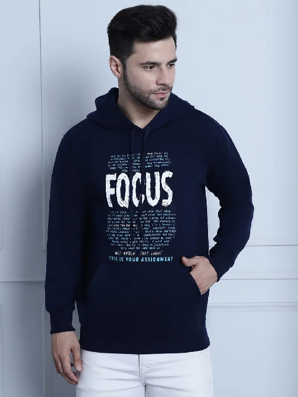 Vimal Jonney Navy Blue Printed Hooded Cotton Fleece Sweatshirt for Men